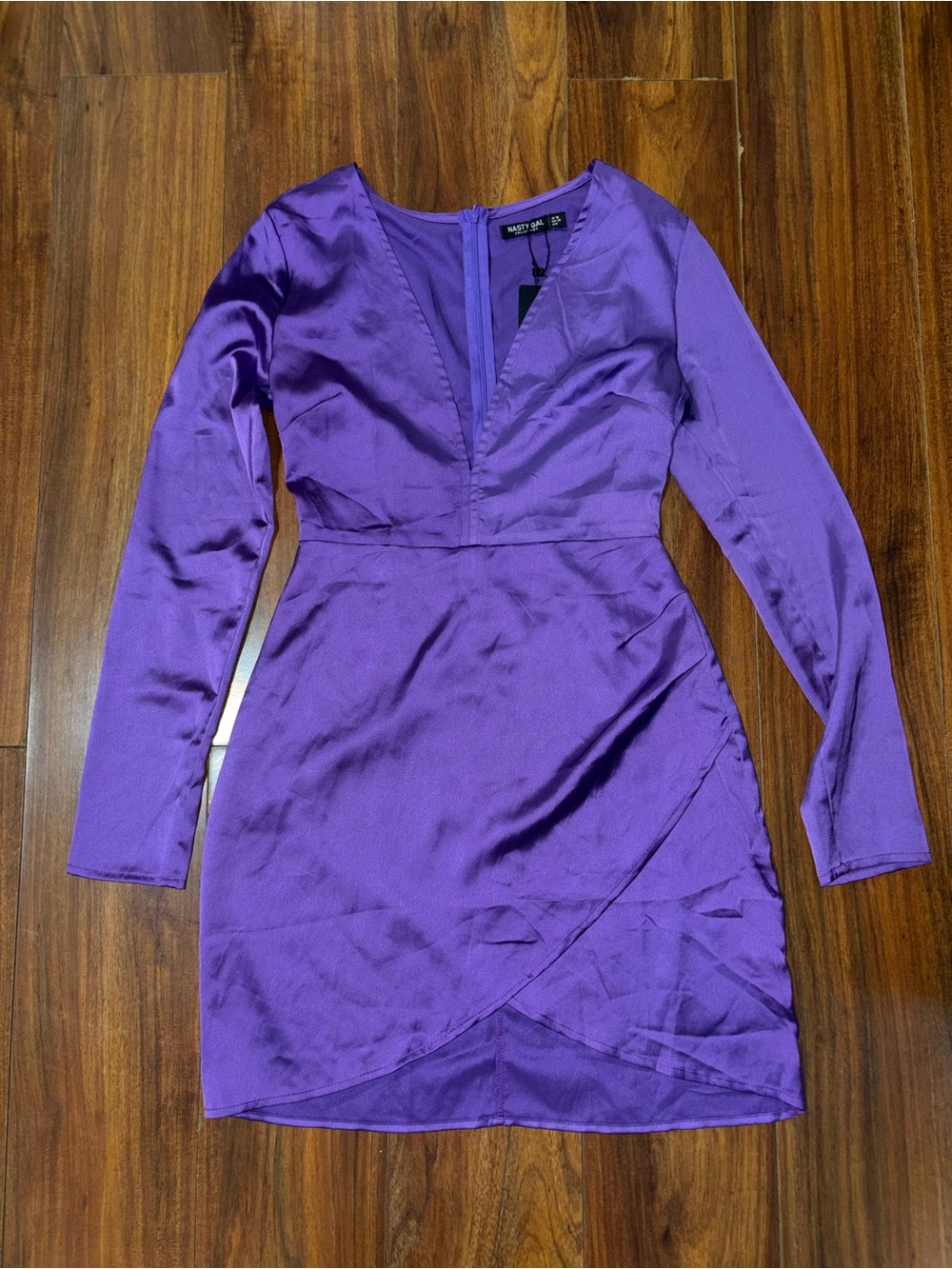 Nasty Gal Purple Satin Long-Sleeve Wrap Mini Dress